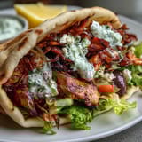 Sizzling marinated chicken thighs piled high on flatbread with cool cucumber sauce, lettuce, tomatoes, and Kalamata olives.