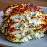 Slices of High Protein Chicken Zucchini Bake are served warm on a plate, revealing the creamy Greek yogurt and egg blend inside.