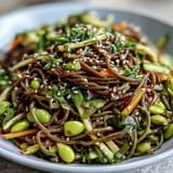 Close-up shot of a Soba Noodle Bowl featuring edamame and toasted sesame seeds, capturing the glossy texture of the savory sauce.