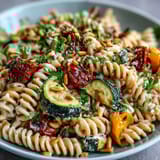 Serving suggestion of Whole Wheat Pasta Bowl in a white ceramic bowl, featuring colorful roasted peppers and zucchini.