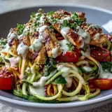 Healthy Spiralized Vegetable Bowl with zucchini noodles, sweet potato, cherry tomatoes, and spinach, tossed in a lemony tahini sauce.