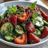 Crisp cucumber and juicy strawberry salad with fresh mint leaves, drizzled with a light lemon-honey dressing for a refreshing spring side dish.