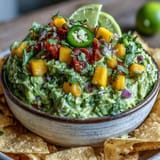 Easy Cinco de Mayo Guacamole with Mango and Jalapeño, a vibrant blend of creamy avocado, sweet mango, and spicy jalapeño, served with crisp tortilla chips.  
