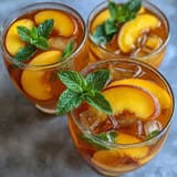 A vibrant glass of Mango Peach Sangria filled with fresh fruit slices and mint, perfect for summer picnics and family gatherings.