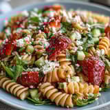 Colorful pasta salad featuring juicy strawberries, creamy feta, and fresh arugula tossed in a light balsamic dressing.