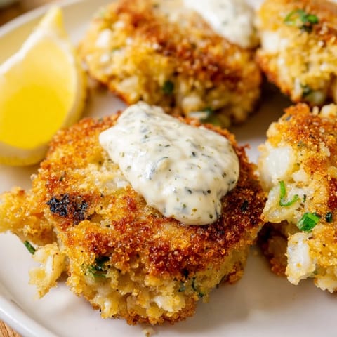 A close-up view shows these pan-fried Crab Cakes packed with succulent crab meat, resting beside a small bowl of tangy sauce.