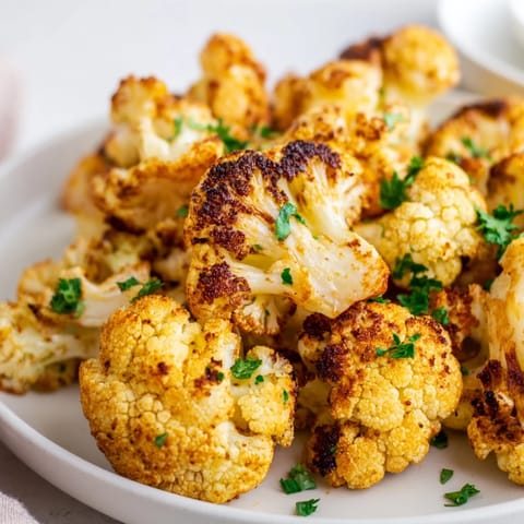 Roasted Cauliflower florets with a crispy char, garnished with fresh parsley and lemon, served on a rustic plate.