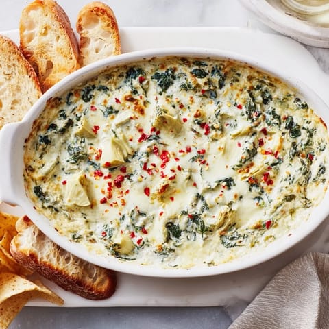 Fresh Spinach Artichoke Dip served warm with toasted bread and crackers on a rustic table. 