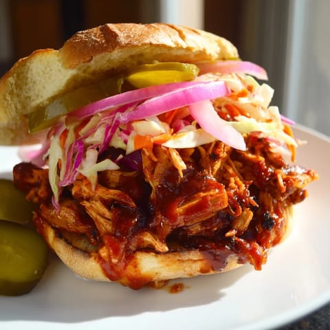 Smoky BBQ Chicken Sandwich stacked high with tender chicken, slaw, and pickles on a toasted bun.