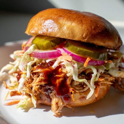 Juicy grilled BBQ Chicken Sandwich topped with crunchy slaw and served alongside golden french fries.