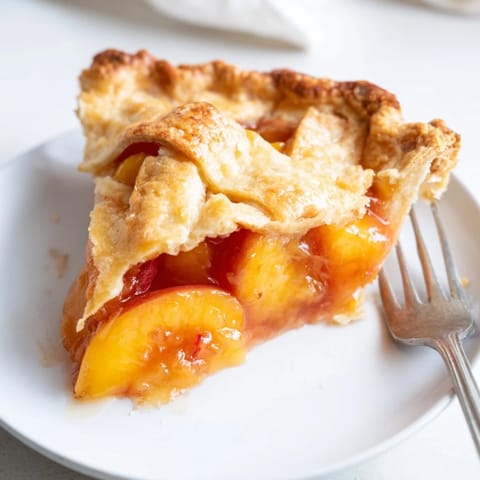 A slice of homemade Peach Pie served warm with a scoop of vanilla ice cream melting on top.