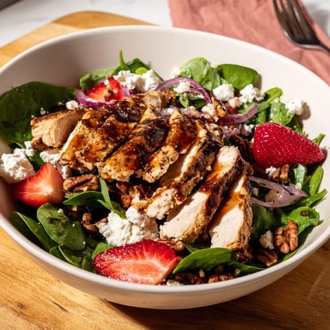 Juicy grilled chicken, fresh strawberries, and creamy goat cheese shine in this vibrant Honey Balsamic Chicken Salad, drizzled with a glossy glaze over mixed greens.
