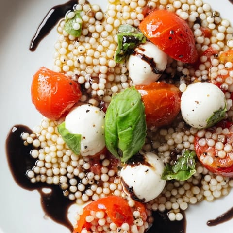 A refreshing Caprese Couscous Salad served on a platter, featuring creamy mozzarella, fresh basil leaves, and a sweet tangy balsamic drizzle.