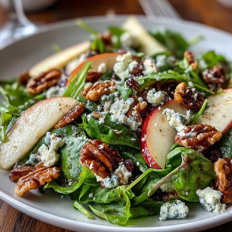 Fresh apple and walnut salad with crisp apple slices, crunchy walnuts, and tangy vinaigrette on a bed of mixed greens.