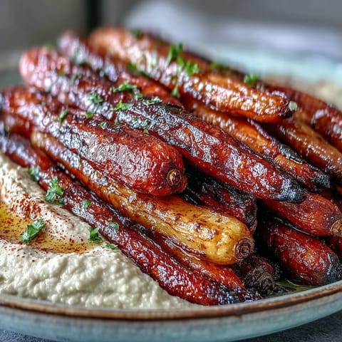 Oven-roasted rainbow carrots and creamy tahini hummus on a platter, garnished with fresh parsley and paprika.  