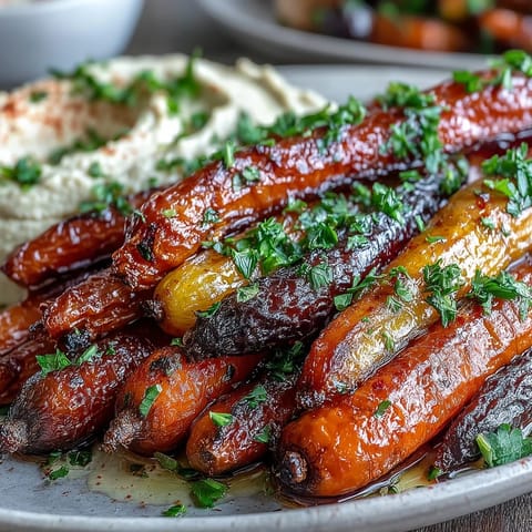 Colorful roasted rainbow carrots paired with smooth homemade hummus, perfect for dipping as a healthy snack.  