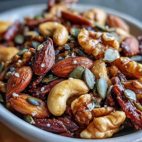 A close-up of warm spiced nuts and seeds mix glistening with olive oil and maple glaze.  