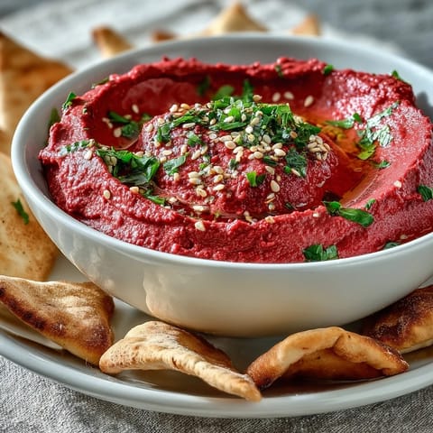 Roasted beet hummus has a vibrant pink hue, garnished with fresh parsley and resting on a wooden table with fresh vegetables.