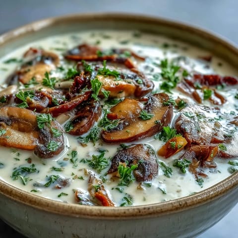 A spoon lifts a rich, velvety ladle of vegetarian mushroom stroganoff soup with carrots and celery.