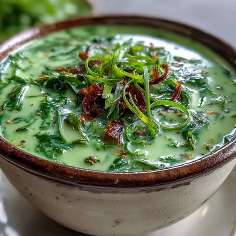 A bowl of vibrant Spinach Coriander Lemongrass Soup garnished with cilantro and red chili, ready to enjoy with steamed rice.