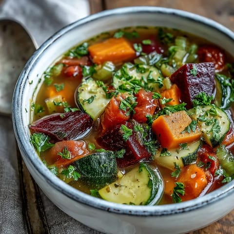 A vibrant pot of Rainbow Vegetable Detox Soup simmering with fresh diced vegetables.