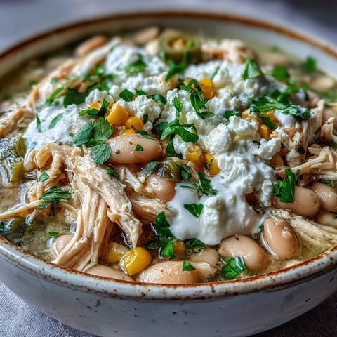 A pot of hearty White Chicken Chili simmering on the stove, featuring tender shredded chicken, white beans, and sweet corn kernels.