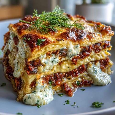 Golden, bubbling One-Pan Smoky Veggie Lentil Lasagne fresh from the oven with torn fresh basil.