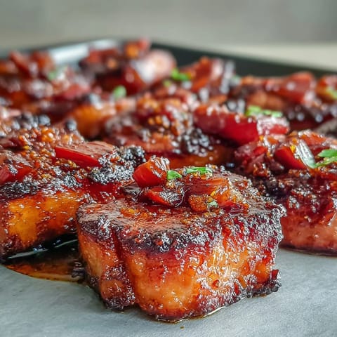 Fresh parsley garnishes the golden brown meat and tender rhubarb in the Pork and Aromatic Rhubarb Traybake.