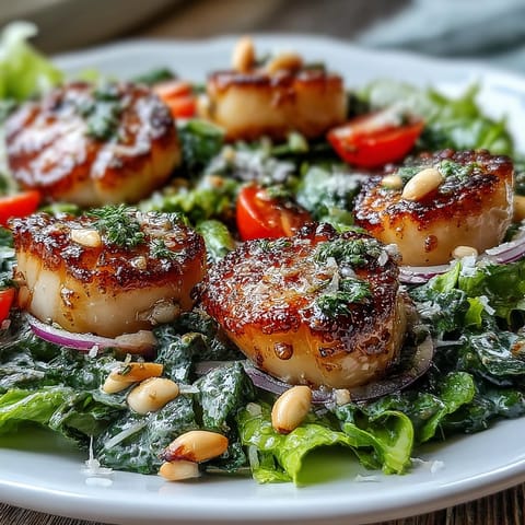 Golden-brown seared scallops are arranged over a crisp escarole salad topped with shaved Parmesan and drizzled with pesto vinaigrette.