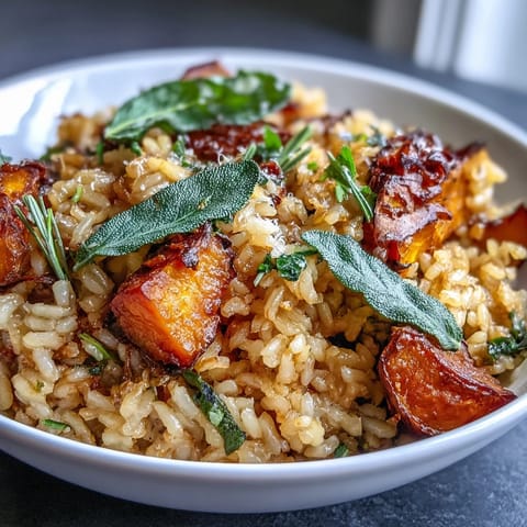 Creamy Vegan Pumpkin Risotto garnished with crispy sage leaves in a rustic white bowl, ready to serve.