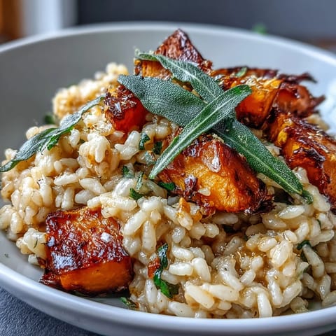 A skillet of Vegan Pumpkin Risotto reveals golden roasted pumpkin cubes and fresh sage leaves nearby.