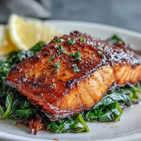 Crispy air fryer salmon with garlicky Swiss chard and lemon wedges on a rustic plate for a healthy dinner.