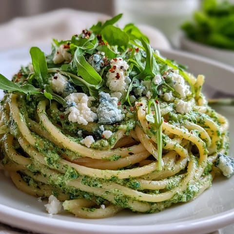 A close-up of Linguine with Arugula Pesto garnished with extra leaves and black pepper, served in a white bowl.