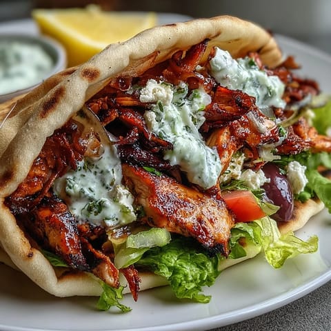 Sizzling marinated chicken thighs piled high on flatbread with cool cucumber sauce, lettuce, tomatoes, and Kalamata olives.