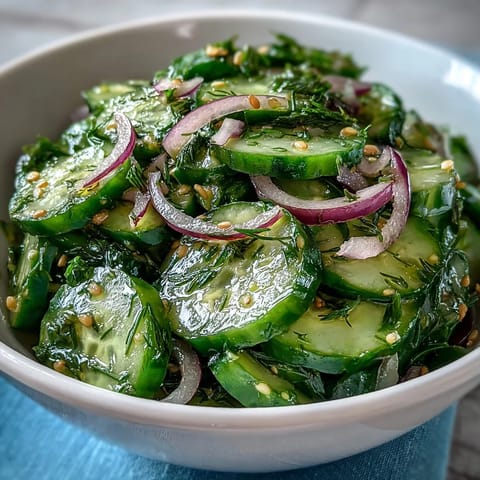 A close-up of Refreshing Crunchy Cucumber Salad garnished with sesame seeds and fresh mint, served chilled on a white platter.  