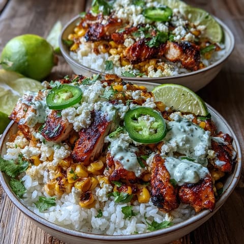 A vibrant serving of Street Corn Chicken and Rice Bowls featuring tender chicken, cotija cheese, and fresh cilantro on a bed of rice.  