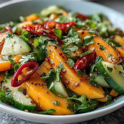 Bright, juicy mango strips and crisp veggies tossed in tangy lime-honey dressing, topped with cilantro and spicy chilies.