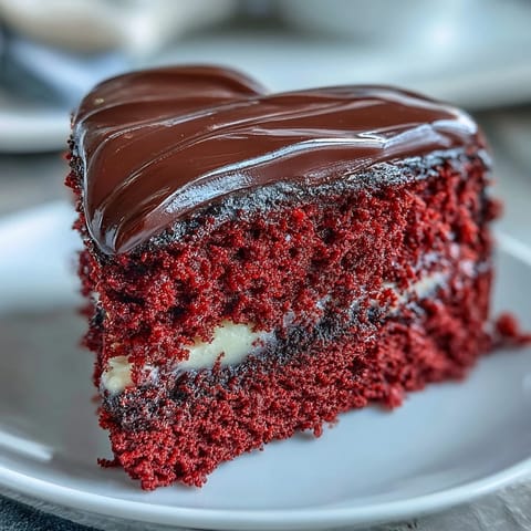 A slice of Red Betty Boop Heart Cake reveals soft red crumb layers and velvety cream cheese frosting. 