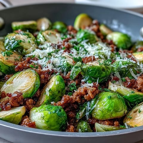 Golden-brown Brussels sprouts and savory ground turkey mingle with onions and garlic in a steamy skillet, finished with fresh parsley and lemon.
