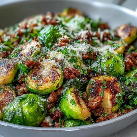 Freshly squeezed lemon juice brightens this one-pan Brussels Sprouts & Ground Turkey Skillet, with steam rising from the tender sprouts.