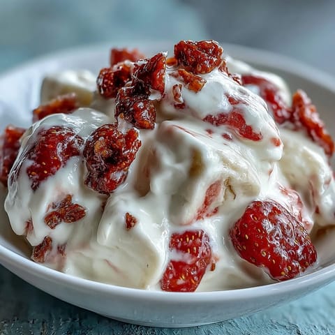 Frozen Strawberry & Banana Yoghurt Clusters topped with fruit chips on a lined tray.