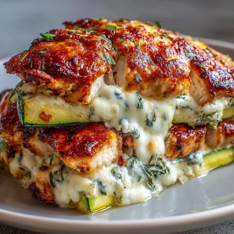 A close-up of the High Protein Chicken Zucchini Bake, featuring golden seared chicken and zucchini layers under bubbly mozzarella and Parmesan.