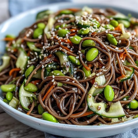 A top-down view of a vibrant Soba Noodle Bowl, showcasing chewy noodles and crisp, colorful vegetables drizzled in sesame dressing.