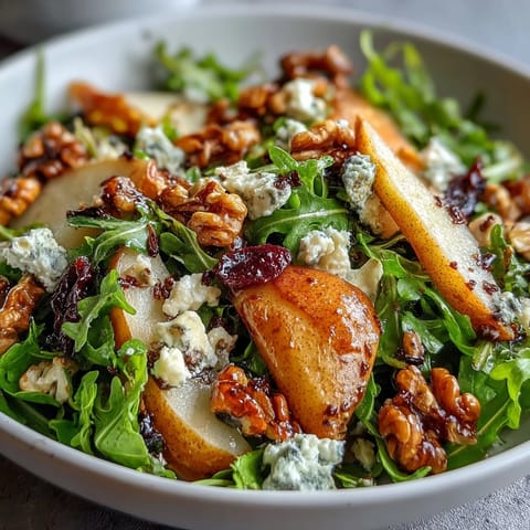 Fresh Arugula and Pear Bowl topped with creamy blue cheese and toasted walnuts on a rustic wooden table.
