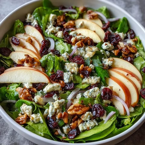 Fresh, crisp Mixed Greens and Apple Bowl topped with crumbled feta, walnuts, and dried cranberries.