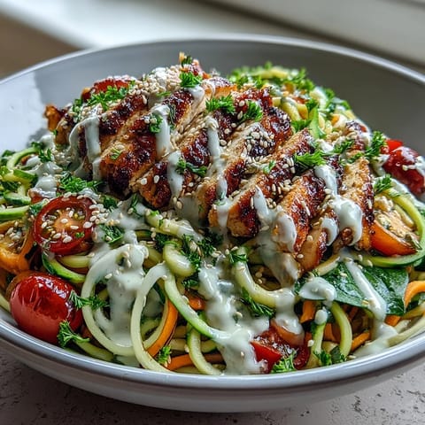 A vibrant Spiralized Vegetable Bowl topped with grilled chicken and a creamy tahini drizzle, served with fresh herbs and sesame seeds.