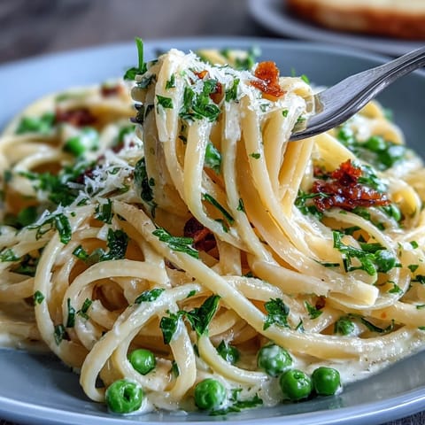 Creamy lemon butter pasta with peas and Parmesan in a skillet, garnished with fresh parsley and extra cheese.  