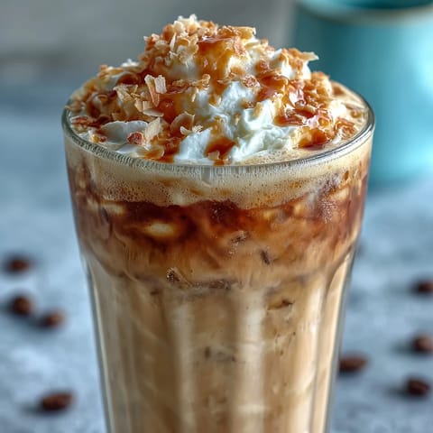 Creamy iced vanilla bean frappuccino blended with real vanilla, topped with rich toasted coconut foam for a refreshing summer treat.