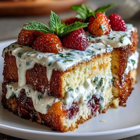 Festive spring sheet cake with lemon curd filling, topped with fresh berries and whipped cream frosting.