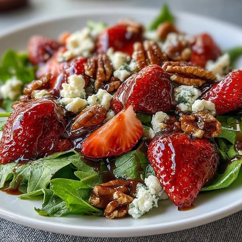 Vibrant strawberry arugula salad with creamy goat cheese, toasted nuts, and tangy balsamic glaze for a refreshing spring dish.